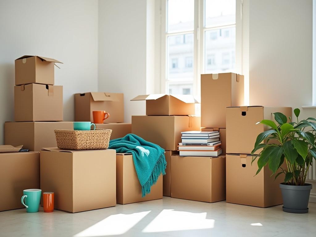 The image depicts a bright and empty room filled with stacked cardboard boxes, indicating a recent move. The boxes are various sizes and are haphazardly arranged, some are open revealing their contents. Among the boxes, there is a small woven basket, a pile of books, and a couple of colorful mugs. A turquoise blanket drapes over one of the boxes, adding a cozy touch to the scene. To the right of the boxes, there is a green potted plant adding a bit of life to the otherwise empty space. Sunlight filters through the windows, enhancing the airy feeling of the room.