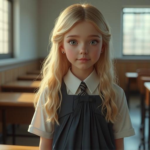 Pretty blonde schoolgirl in a classroom wearing a skirt. Cinematic lighting enhances the scene. Hyperrealistic with ultra-detailed features, particularly realistic skin texture.
