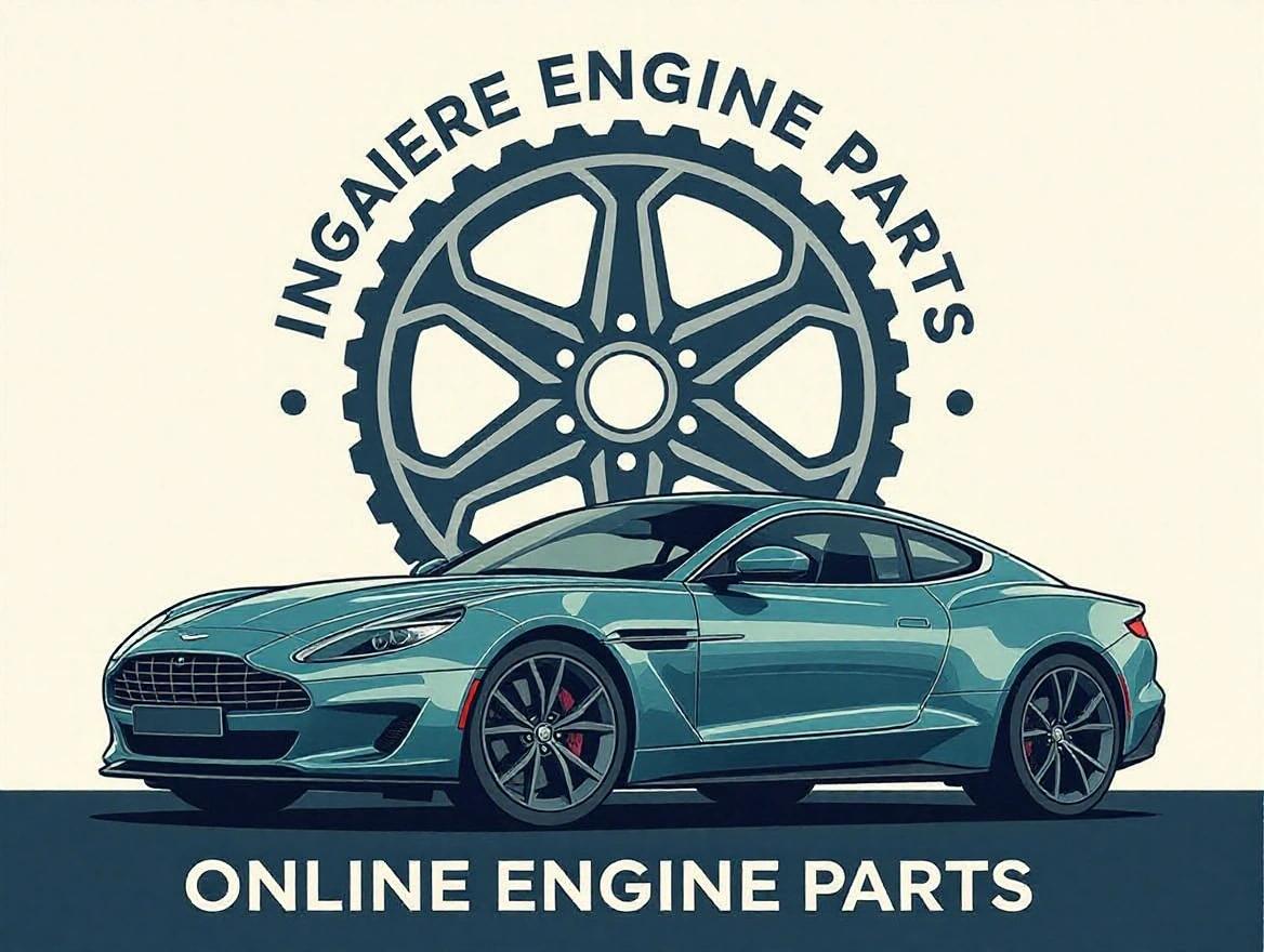 Logo design for online engine parts business. Features sporty car illustration. Includes text for online engine parts. Wheel graphic in background. Clean and modern style.