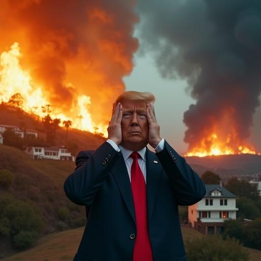 American president standing in center with hands on head looking scared. On the left, Hollywood hills with trees and houses engulfed in flames. On the right, a huge tornado destroying houses. Dark clouds loom overhead. Image captures photorealistic detail with a focus on light.