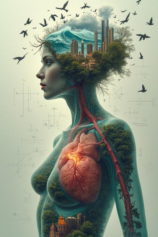 Transparent human being, organs as landscapes, heart as ocean, lungs as forests, brain as city, veins as rivers, microscopic creatures, mathematical background, flocks of birds.