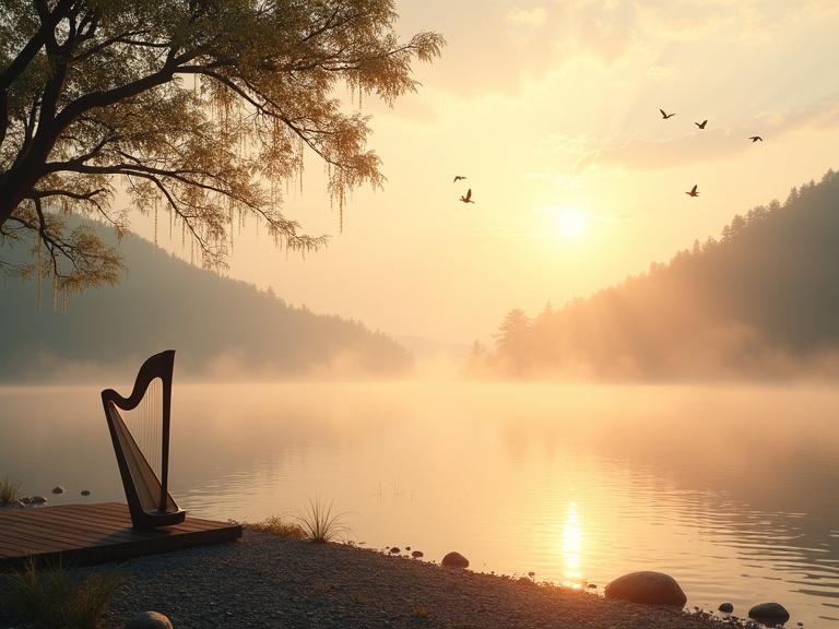 Cinematic healing landscape at dawn with serene lakeside scene. Soft morning mist rises from water. Golden light illuminates surface. Pastel sky reflects in ripples. Birds fly above calm lake. Silhouettes caught in lens flare. Harp rests near wooden deck. Crystal-like stones glimmer on shore. Delicate chimes hang from swaying tree branches. Soft-focus with shallow depth of field. Warm muted tones and low contrast. Inspired by Terrence Malick and Hayao Miyazaki atmosphere.