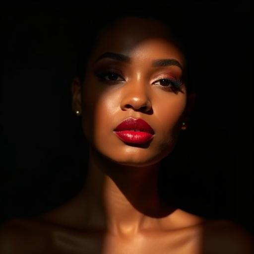 A portrait of a Trinidad woman with soft light and shadows. Flawless skin glows under warm sunlight. Rich red lips contrast with natural complexion. Black background enhances scene's drama. The image showcases elegance and serene beauty with light and skin interplay.