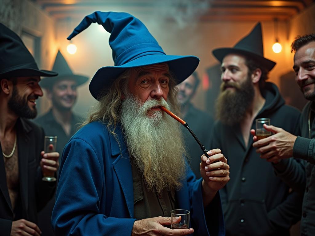 Candid photo of old wizard in blue hat at college party. He holds a smoking pipe. Surrounded by people in a dirty basement. Flash glare creates chaotic feel.