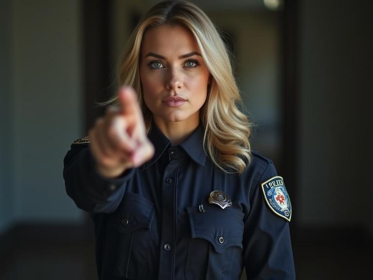 Police female officer pointing finger looks directly at the viewer. Officer has blond hair and wears a dark police uniform. Setting appears indoors with a blurred background.