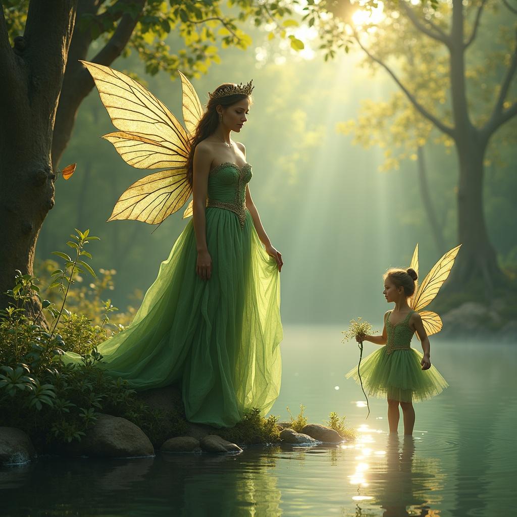 Fairy scene depicting two fairies near a lake. One adult fairy wears green attire. A child fairy accompanies her. They are in a sunlit glade. The atmosphere is magical and serene.