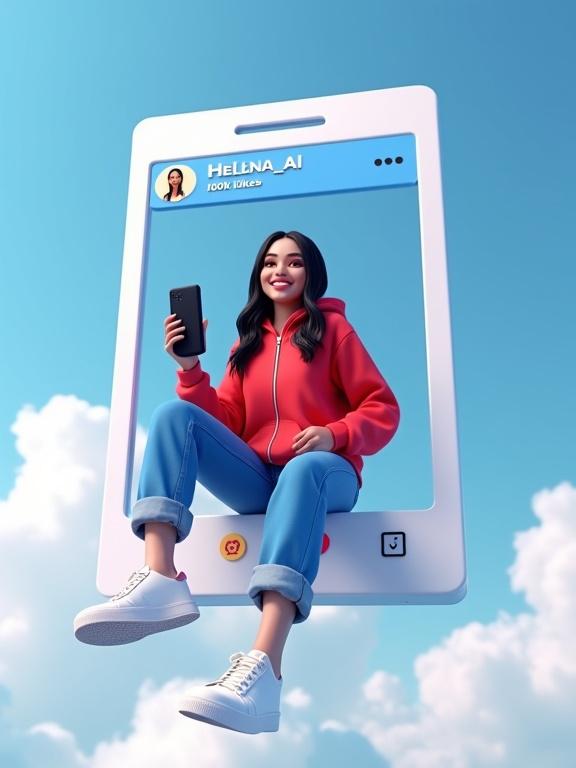 A 3D-rendered image of a woman sitting within a floating Instagram-style frame. She has long black hair and wears a red zip-up hoodie and blue jeans. The background features a bright blue sky with fluffy clouds. She holds a smartphone in her right hand.