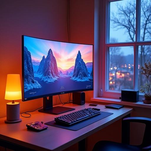 Stylish desk setup with a curved monitor showcasing vibrant multicolored wallpaper. Warm ambient lighting creates a cozy atmosphere. Desk features a sleek keyboard, mouse, and a classic lamp. Mobile device with colorful screen nearby. Urban landscape visible through the window indicating evening time.