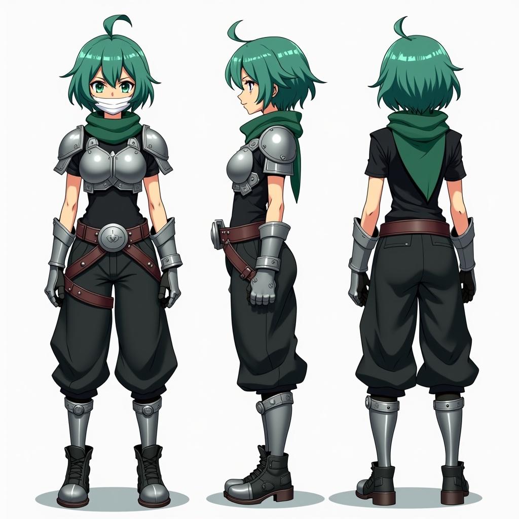 Anime mercenary character design. Traits are more masculine. Sea green hair with curtain bangs. White bandaged face mask covers facial features. Green eyes visible. Armor includes metal silver shoulder pads, chestplate, and gauntlets. Wears black shirt underneath armor. Short sea green scarf around neck. Black slightly baggy pants with a large black belt and huge silver buckle. Silver shield attached to belt. Displayed in front, side, and back views.