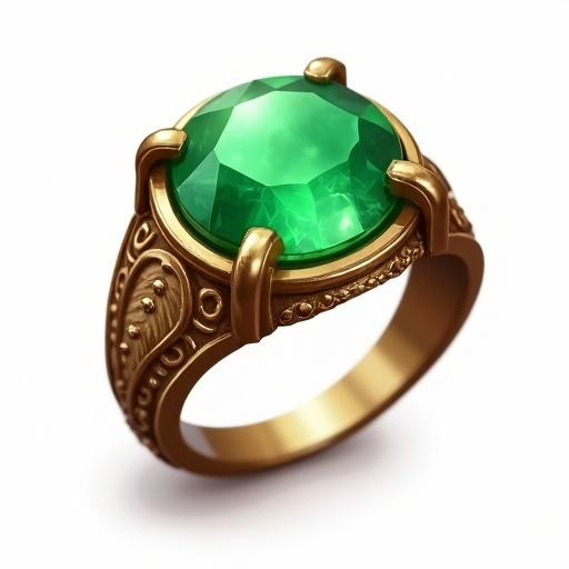 Ring features a large emerald stone in ARPG style. Gold band with ornate designs. Transparent background enhances visibility.