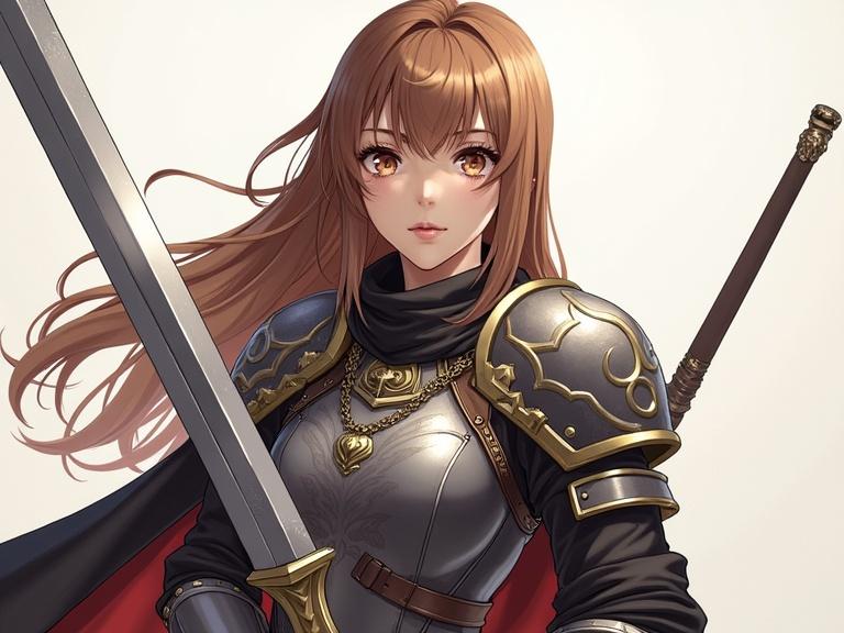 Anime-style illustration of a young female warrior with long straight hair and brown eyes. She wears stylized medieval armor and holds a medium one-handed sword. Expresses determination and carries the weight of a tragic past on a mission. Beautiful and powerful with supernatural abilities.