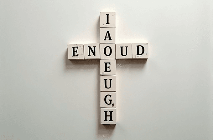 A cross-shaped arrangement of wooden tiles displaying the words 'ENOUGH' horizontally and vertically.