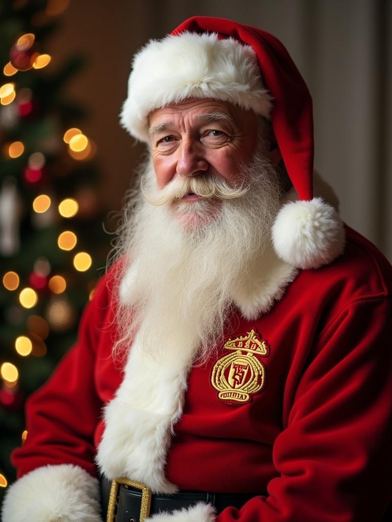 Santa Claus wears a red outfit with a Manchester football badge. Background is soft and warm. Traditional Christmas atmosphere.