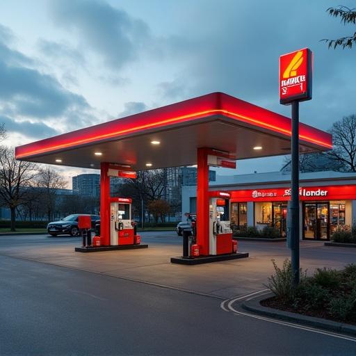 Modern gas station in Hannover Linden area. Brightly lit pumps with red canopies. Nearby convenience store visible. Evening time with dramatic clouds.