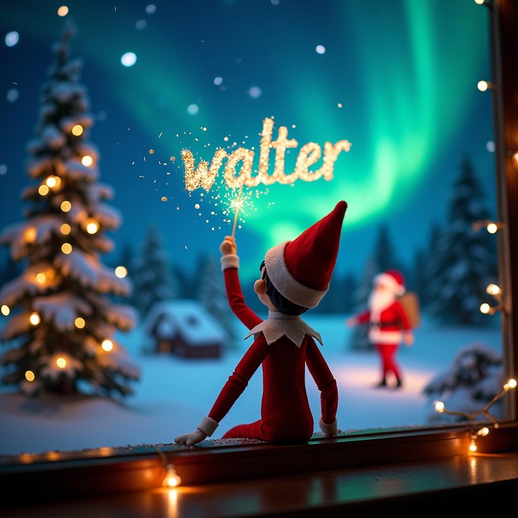 Scene shows elf on shelf facing vibrant night sky. Elf uses wand to write 'walter' in lights. Background has Christmas trees and Santa Claus. Atmosphere is magical and festive.