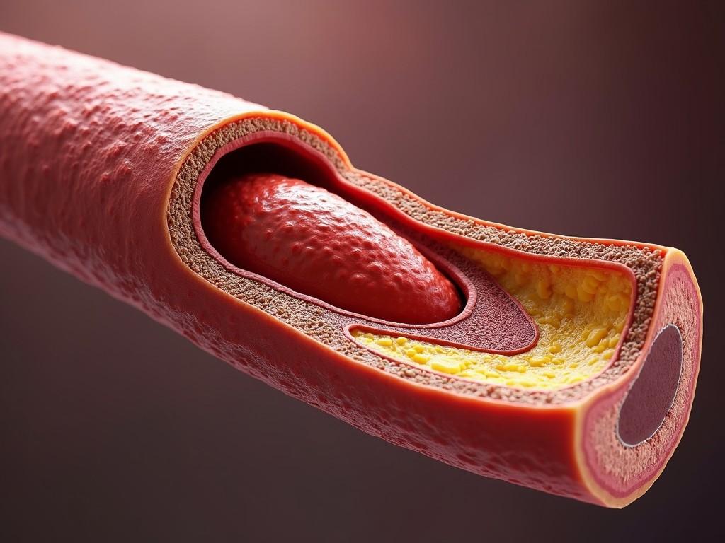 This image presents a highly detailed cross-sectional view of an artery showing the layers and structure of the blood vessel. The artery’s wall is cut away to reveal the buildup of plaque within the vessel, a key feature in understanding cardiovascular diseases like atherosclerosis. The image is designed to illustrate the narrowing of the artery due to lipid deposits, which could lead to restricted blood flow.