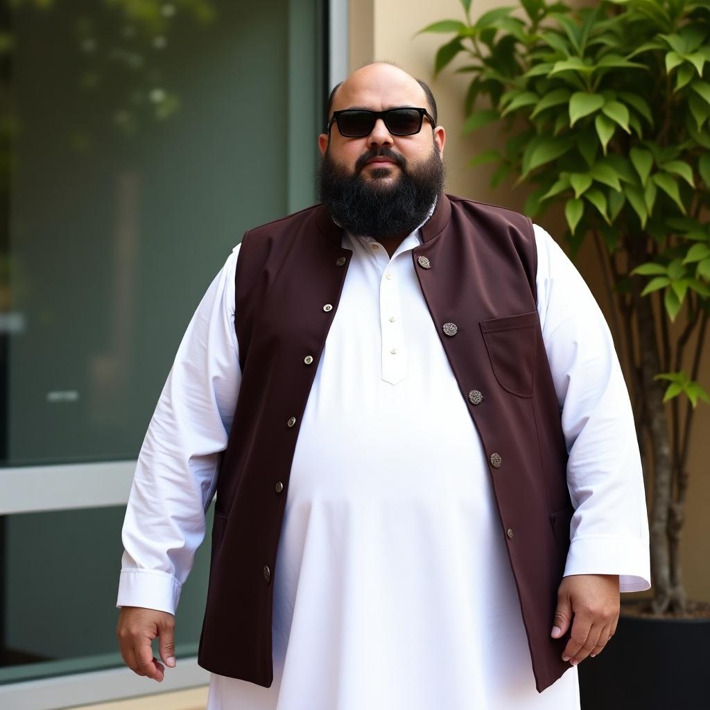 Fat man stands outside wearing traditional outfit. White shalwar kameez and dark waistcoat. Thick beard and stylish sunglasses. Greenery visible through window. Sunny day highlights attire.