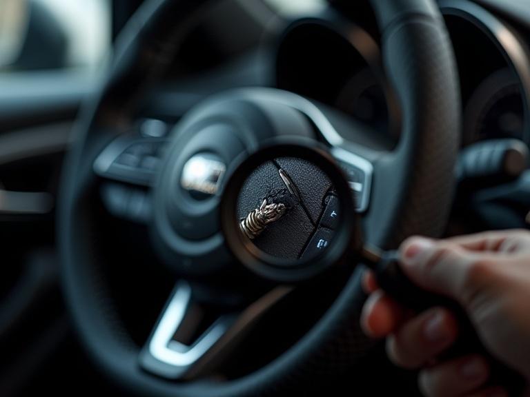 Realistic car steering wheel with cracked spiral cable. Magnifying glass shows damage. Professional studio lighting enhances details. Focus on texture. KMC T8 product box appears in background.