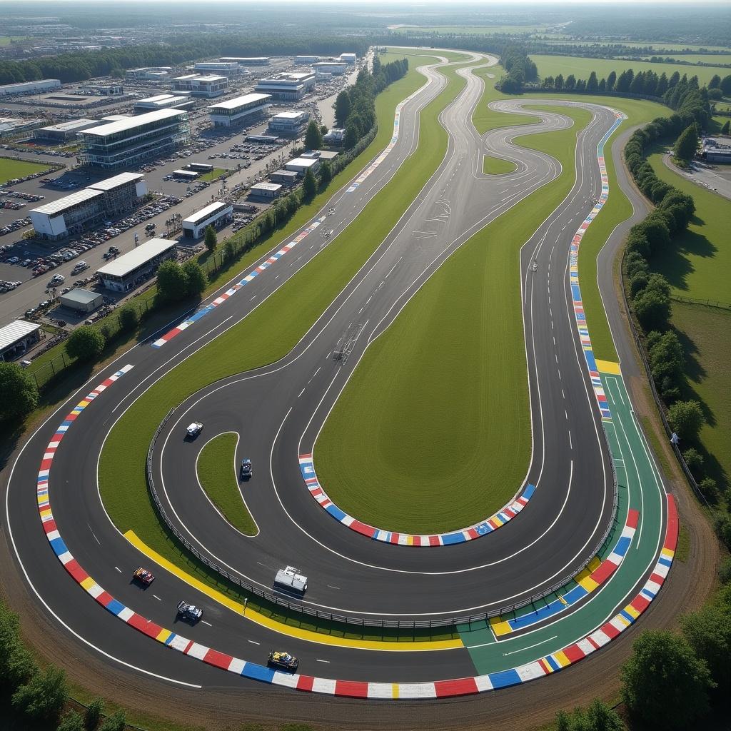 A racing circuit layout featuring multiple curves and straights. First straight reminiscent of Monza, first curve similar to Zandvoort, followed by curves imitating Silverstone's Brooklands and Luffield. A long straight leads to curve 5 like Hockenheim's Spitzkhere. The final sector consists of S-curves inspired by the Circuit of the Americas. The circuit concludes with a final curve resembling Monza's parabolic.