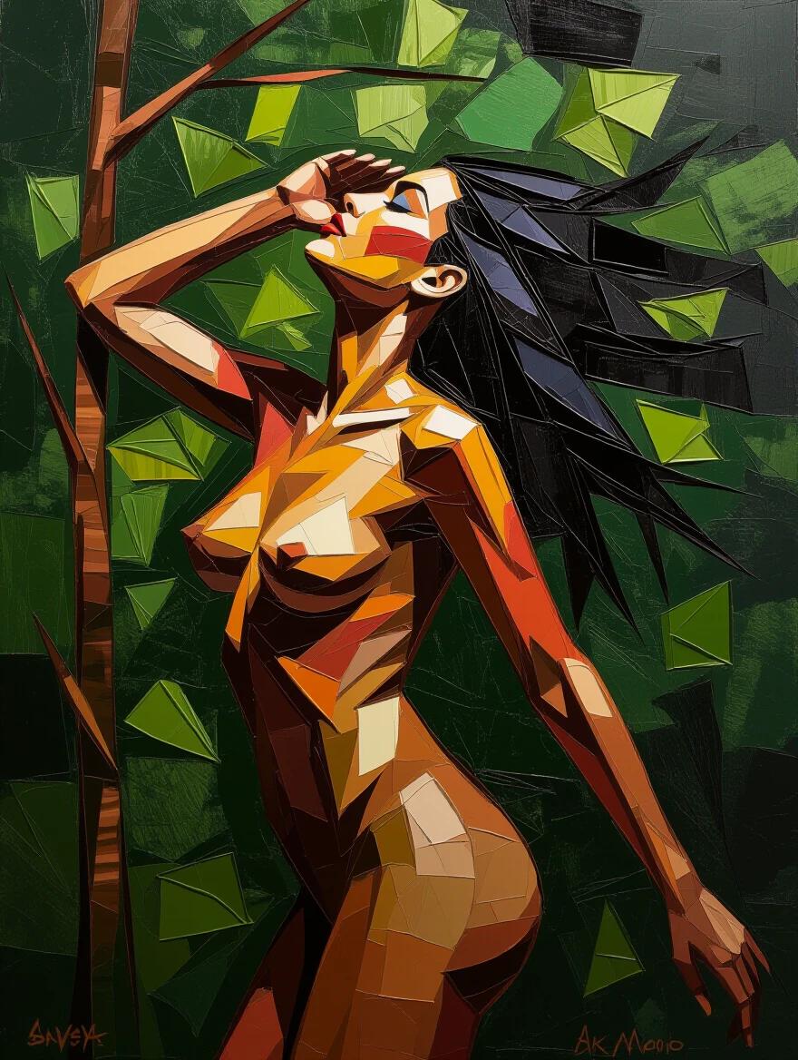 Impasto portrait of a nude woman with thick textures emerges from leafy chaos. Vivid body in profile; head thrown back. Represents essence of a wild Goddess. Deep forest tones.
