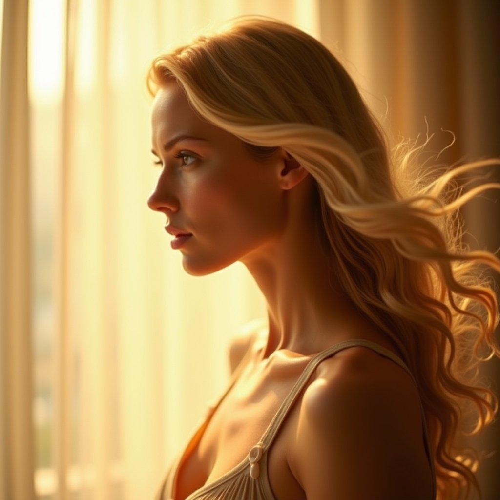 This image shows a serene portrait of a woman with flowing blonde hair. Warm golden light bathes the scene creating a soft dreamlike atmosphere. The profile is elegantly captured suggesting quiet introspection. The background features soft hues of gold and beige enhancing the ethereal quality.