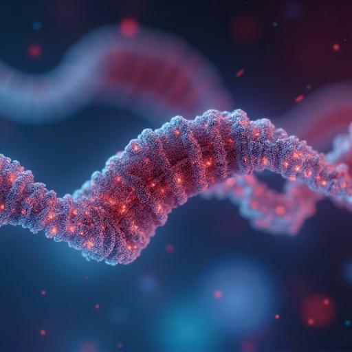 Stylized animation of a DNA-like helical structure created from a drop of blood. Analysis for cancer risk shown. The words 'genetic risk too' appear in a futuristic font. Clean, bright tones evoke advanced medical technology.