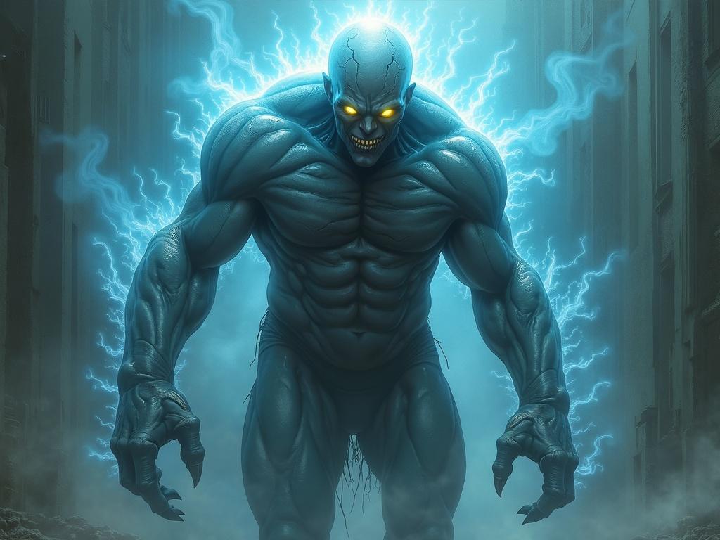 A giant muscular zombie with an electric blue force field. The figure has a gray, metallic sheen skin and glowing yellow eyes. The atmosphere has an ethereal light effect, emphasizing its powerful presence. The background features a cityscape, enhancing the urban fantasy setting.