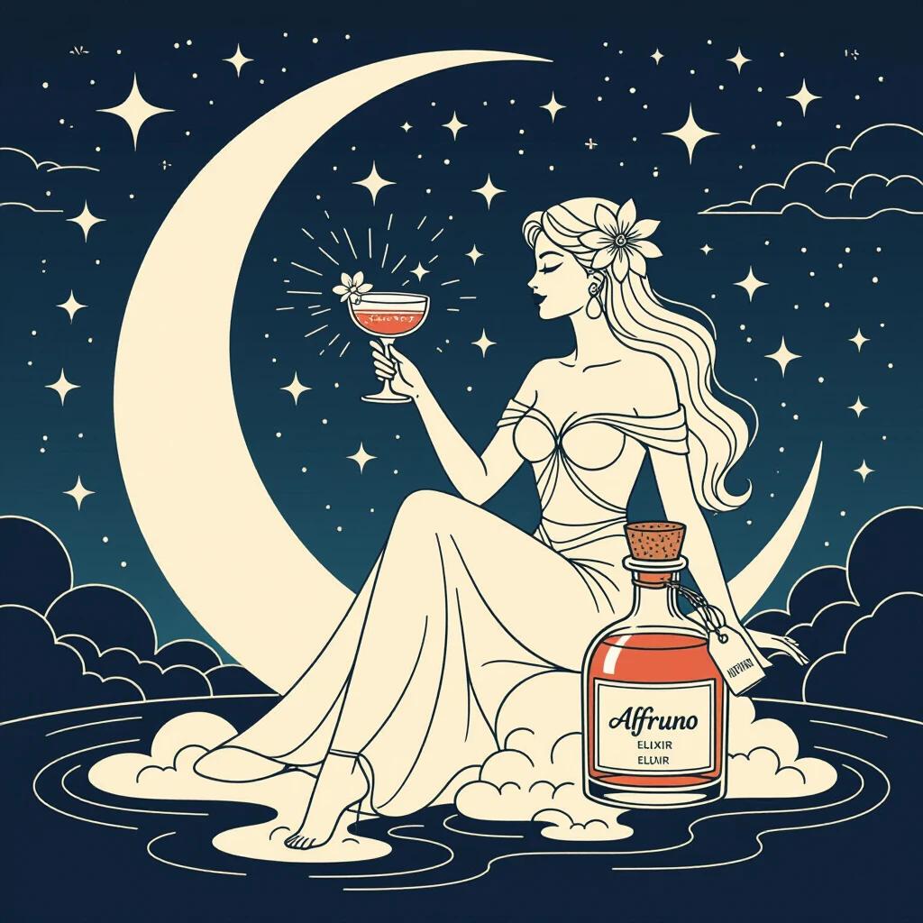 A modern Venus goddess sits on a crescent moon. She wears a flower in her hair and raises a cocktail liqueur glass. An apothecary-style bottle named 'ALFRUNO' rests on a cloud nearby. The bottle has a cork lid and an elegant hang tag. The scene is minimalist with bold black outlines against a twilight sky. It shows simplicity and elegance, inspired by zen art and Aubrey Beardsley.