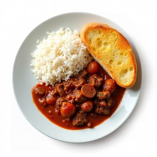 Birds eye view of beef chilli served with rice and garlic bread on a plate. Blank white background features simple presentation.