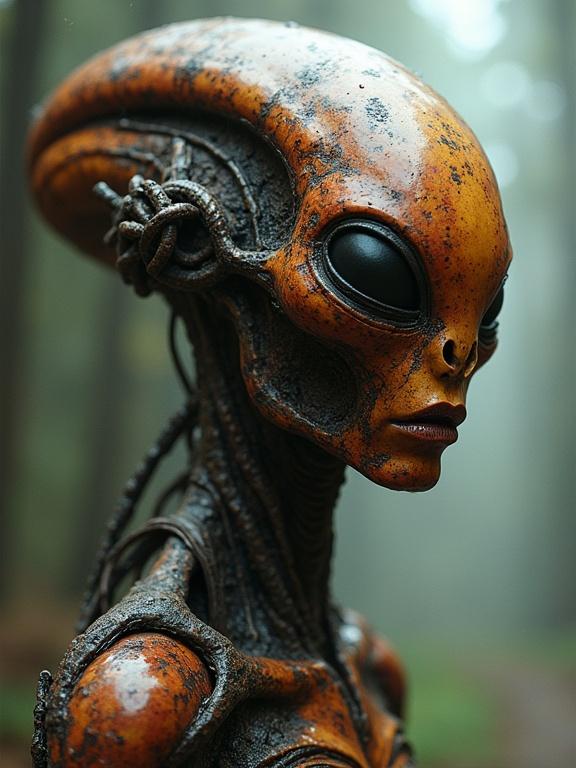 Portrait of a humanoid alien in a futuristic style showcasing intricate details and texture in an atmospheric forest setting.