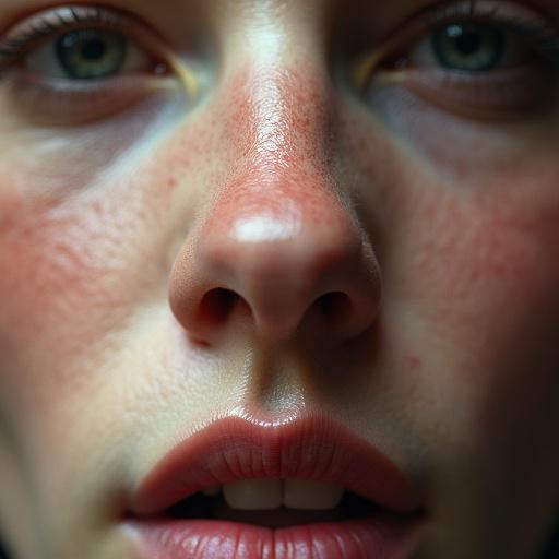 Close-up shot of a human nose. The image focuses on the details of the nose and surrounding skin. The lighting is soft, bringing out the textures and tones.