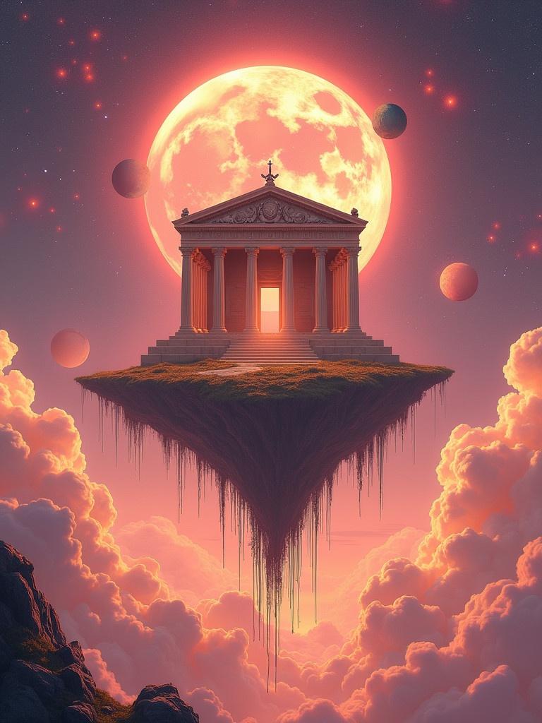 Floating temple in universe with pink and orange space colors. Temple has Greek architecture and roots hanging down. Surrounded by clouds and asteroids. Glowing energy field enhances the scene.