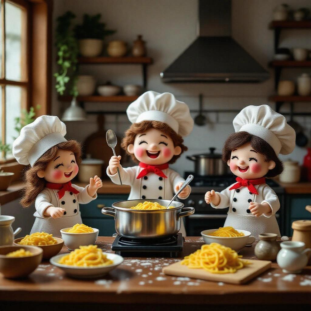 Miniature toys made from felt depict chefs joyfully preparing pasta in a dreamlike kitchen. Each chef focuses on a specific task like cooking, boiling or making sauce. The studio is illuminated and 3D modeled.