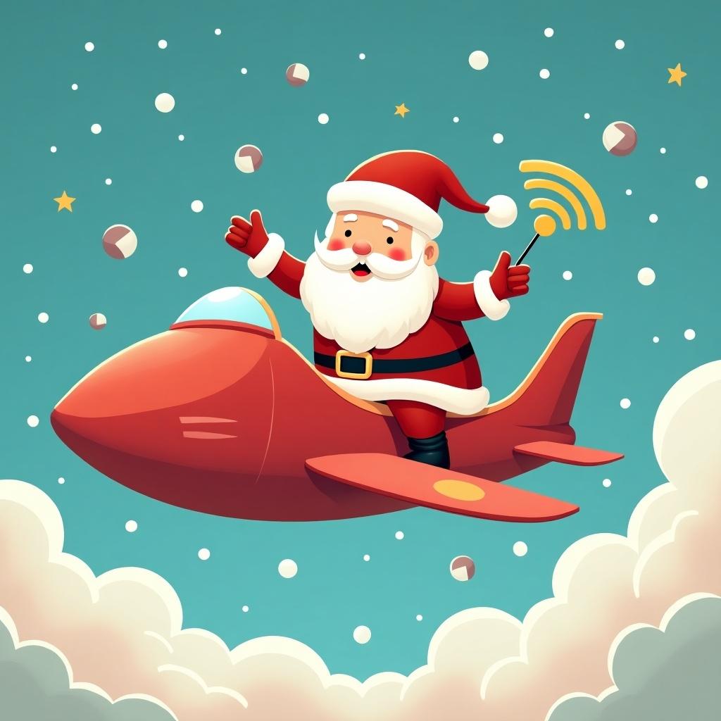 Santa Claus flies a red jet with a Wi-Fi symbol. Santa smiles and waves. Background has clouds and snowflakes. Stars twinkle in the sky.