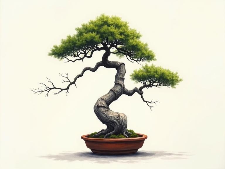 Fine art painting features a bonsai tree. Artistic style is realistic with high contrast. The painting uses hand-painted acrylic techniques. The tree showcases long curvy branches with sparse leaves. Simple background enhances the focus. The trunk is highly asymmetric, gnarled, and leaning. A simple clay pot contains the tree.