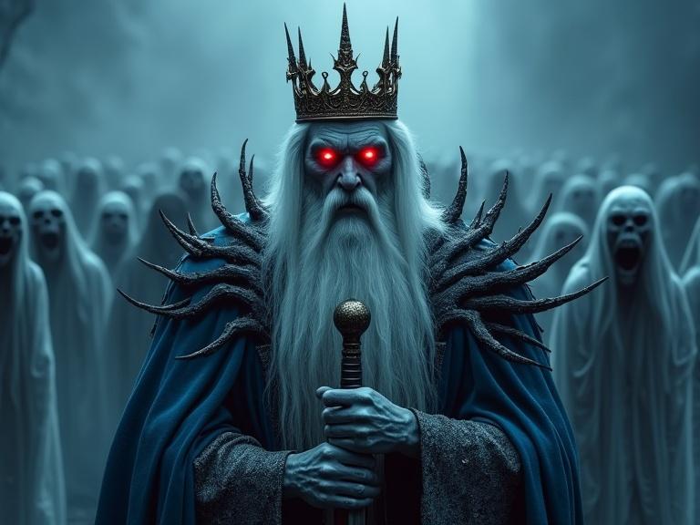 A spectral king stands centrally in an eerie landscape. He has glowing red eyes and a long white beard. He wears an ornate gold crown and a blue robe with skeletal shoulder pieces. His hands hint at skeletal features. The lighting is dramatic with deep shadows. In the background, ghostly figures with open mouths emerge from the blue-grey mist. The mood is foreboding and dark fantasy.