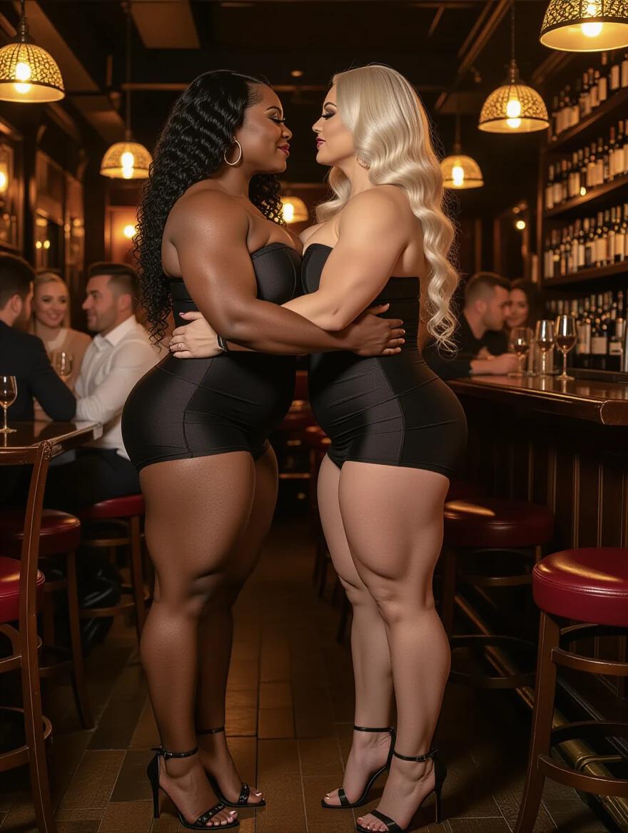 Two female bodybuilders stand together in a loving pose. They are in a London bar at night. One has black curly hair and dark skin; the other has long blonde wavy hair and fair skin. Both wear tight black dresses and high heels. They are about to kiss. The scene has a warm and inviting atmosphere.