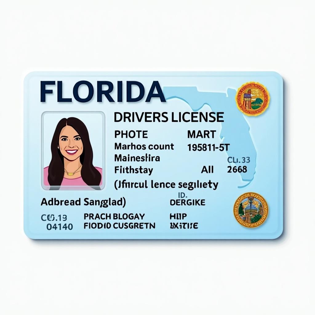 The image showcases a Florida driver's license with realistic features. It includes a photograph of the license holder alongside personal information such as name and address. The document features a unique ID number and displays official state logos. Its color scheme of light blue with gold accents follows the standard design layout of state-issued identification documents. The layout is organized and easy to read, emphasizing essential identification details. Overall, the design correctly mimics the authenticity of a government-issued driver's license.