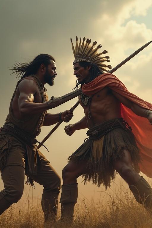 Image depicts an old Indian man and young man in intense battle. The old man wears traditional warrior attire. He holds a spear ready to fight. The younger man appears bold and angry. They are on a battlefield with grass and clouds in the background. A dramatic atmosphere surrounds them.