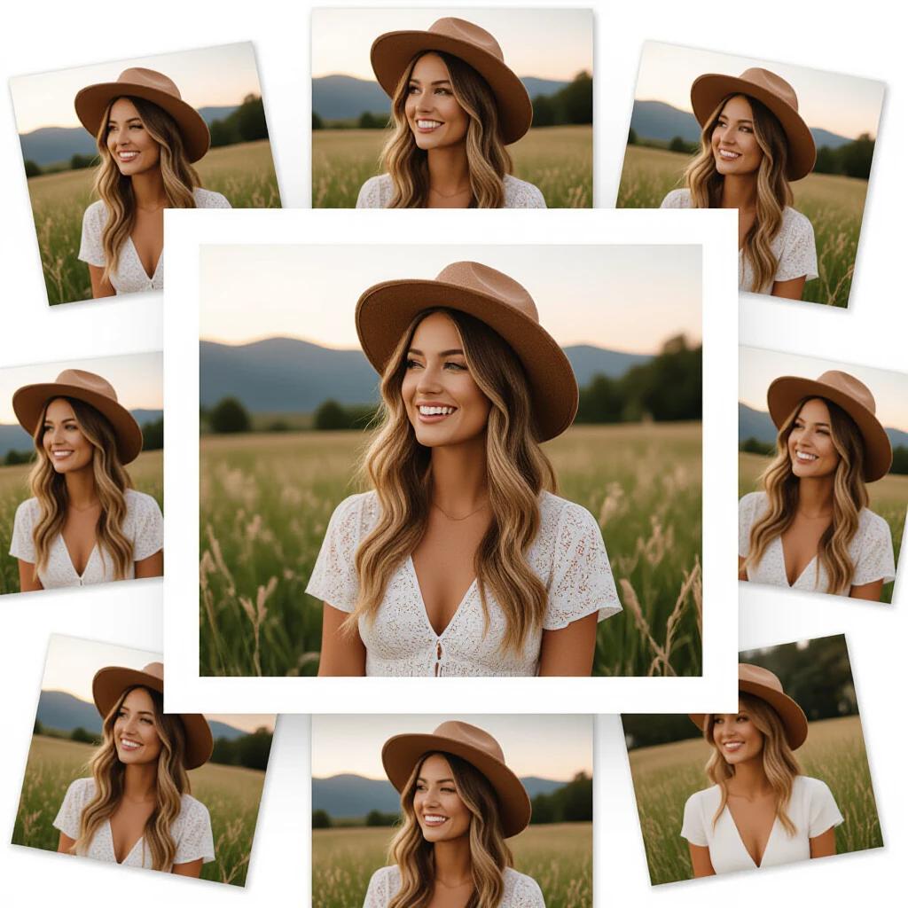 A young woman stands in a field wearing a wide-brimmed hat and a white dress. The background features gentle rolling hills. The scene is captured during golden hour with warm lighting. Multiple versions of this image surround the central one, showcasing the same subject.