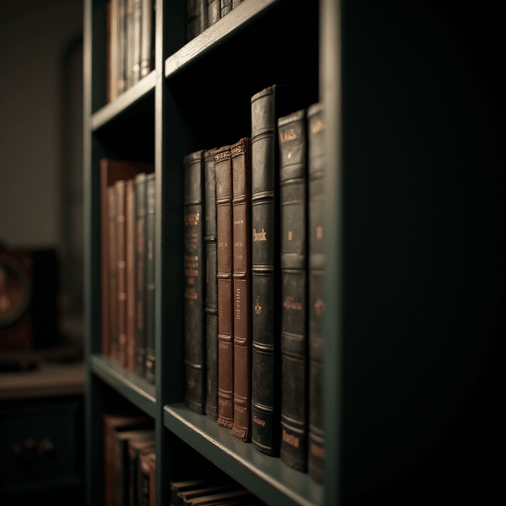 A close-up view of a bookshelf filled with leather-bound books of various colors, featuring intricate gold embossing on their spines.