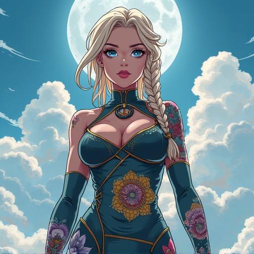 Futuristic anime character in the sky at night. Woman with frosted blue eyes and oversized light blonde braid. Wearing edgy ninja bodysuit with floral tattoos. Muscular build with 6 pack abs. Summer vibe with a confident expression.