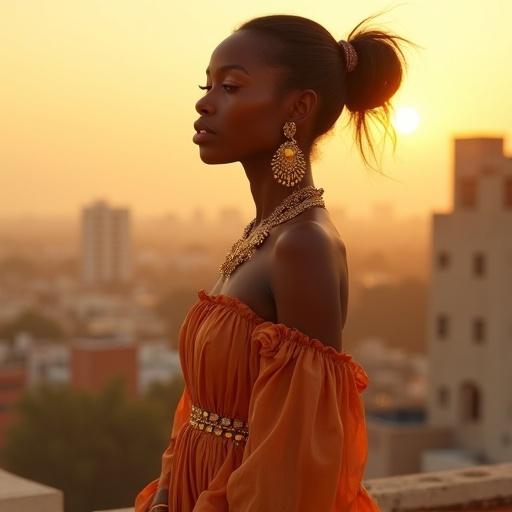 A West African woman with honey-toned skin poses elegantly. She has dramatic winged eyes lined with gold. Her cheeks shine with highlighter. She wears a flowing gown in burnt orange and cream. Lavish gold jewelry adorns her. The rooftop cityscape is blurred behind her. Warm sunset light emphasizes her beauty.