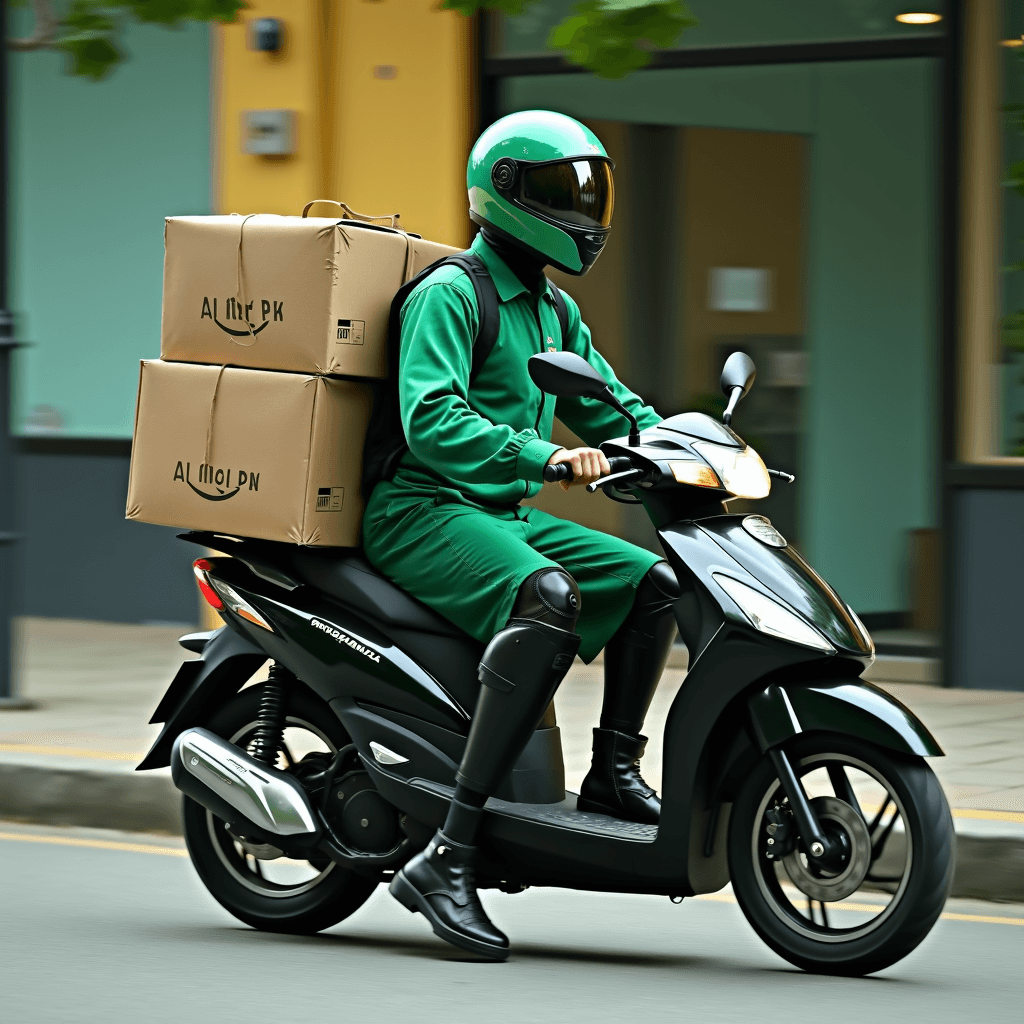 A delivery person in green riding a scooter with large boxes on the back.