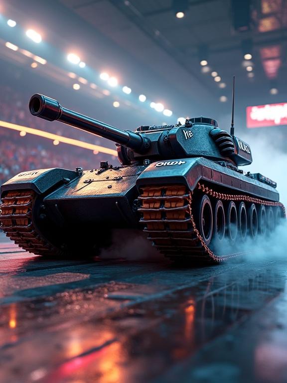 Futuristic tank racing in a glowing sports arena. Leather treads grip metallic track throwing sparks as it turns. Crowds cheer. LED lights pulse along tank’s armor. 'Kiek' printed in glossy leather on oversized wheels. Matte black body glows under arena lights. Smoke swirls around it during a drift.