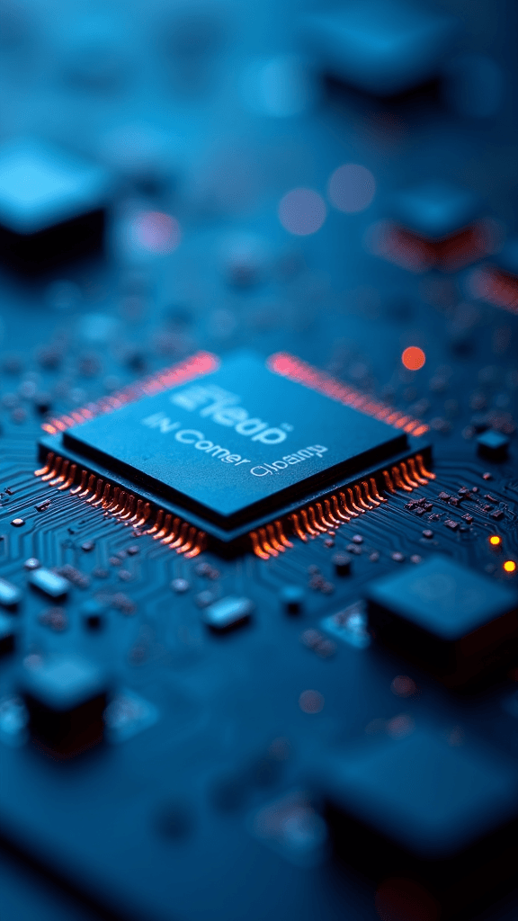 A macro shot of a computer chip with glowing blue and orange circuitry.