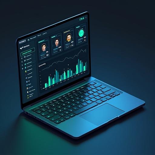 Isometric display of a modern laptop featuring a crystal-clear UI dashboard in dark mode. Dashboard shows analytics graphs, candidate cards, and match percentage badges. Employs neumorphic design shadows with teal accents. The laptop has a sleek, modern appearance, with screen filling entire panel.