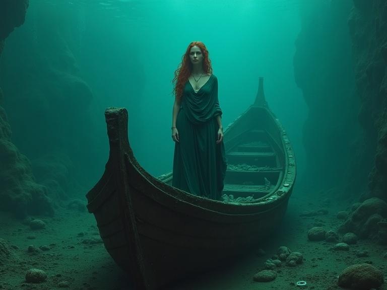 A woman stands poised in a weathered, sunken boat. She has long dark red hair and wears a deep teal-green gown. The boat is dark brown, showcasing decay. The scene is underwater with a mysterious ambiance. The environment suggests motion and depth. It evokes feelings of wonder and beauty.