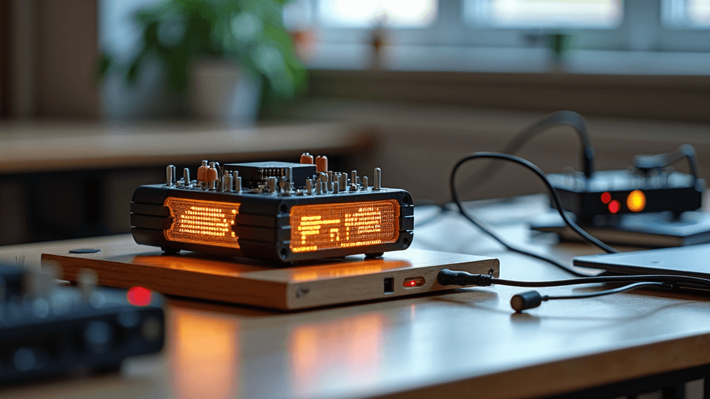 A modern audio device with glowing displays sits on a wooden surface, connected by various cables.