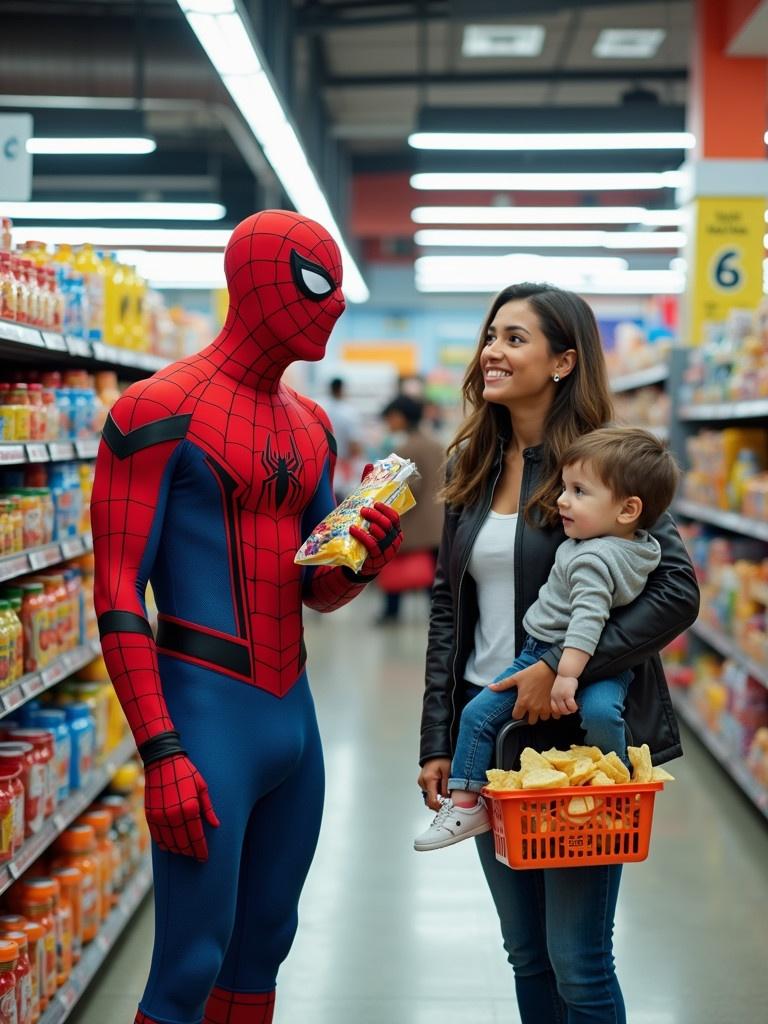 Brightly lit supermarket with stocked aisles. Spider-Man in red and blue suit stands in snack aisle. He holds a packet of chips. A young mother stands next to him with a playful smile. She holds a child in a basket. Shelves are filled with various foods. The setting looks lively and cheerful.